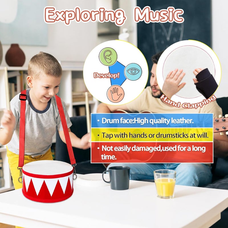 Xeehwb Kids Drum Set,8 in Wooden Toy Drum Set,Educational Baby Musical Toys Drum with Adjustable Strap 2 Drumsticks,Sensory Musical Instrument Drum Toy for Toddler Boys & Girls Gift(Red) - Image 4